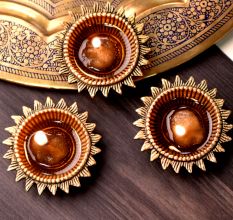 Brass Diwali Diya Lamps Round Sun Flower Shaped Deepak Pack of 3
